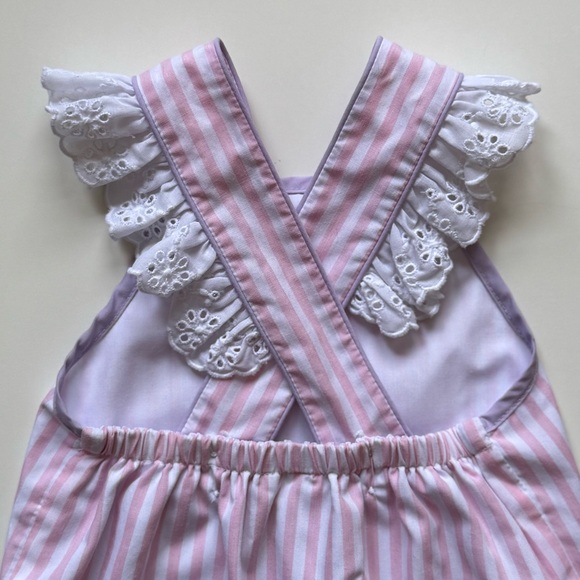 Beaufort Bonnet Co. Girls Saylor Sunsuit, Pink & White Stripe with Lavender Trim - Picture 11 of 15